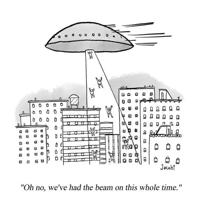 Single-panel comic by Jacob Breckenridge showing aliens abducting people from city buildings with a beam of light.