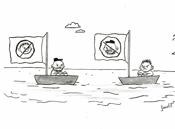 Two men in small boats face each other with flags showing crossed-out faces in a single-panel comic by Jacob Breckenridge.