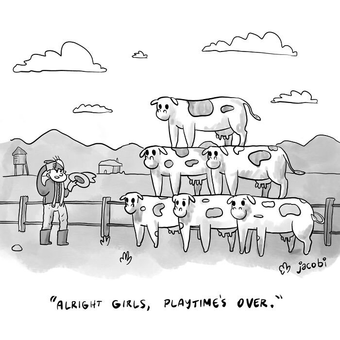 Single-panel comic by Jacob Breckenridge showing a farmer stacking cows in a playful rural scene.