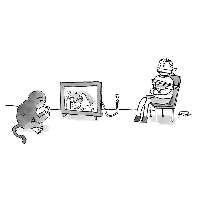 Single-panel comic by Jacob Breckenridge showing a monkey distracted by a phone while a tied man watches TV.