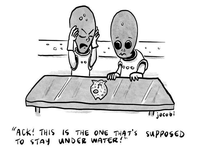 Single-panel comics by artist Jacob Breckenridge featuring two aliens reacting to a deflated underwater creature on a table.