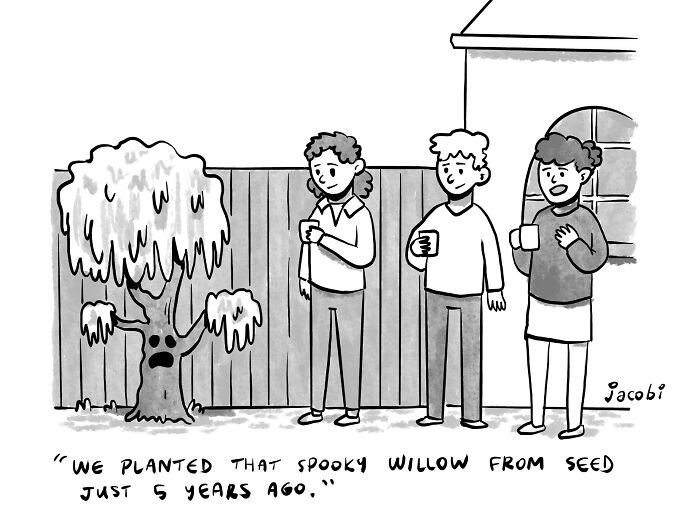 Single-panel comics by Jacob Breckenridge showing three people admiring a spooky willow tree with expressive branches.