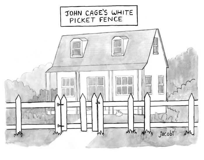 Single-panel comic by artist Jacob Breckenridge showing a house with an uneven white picket fence as a visual pun.