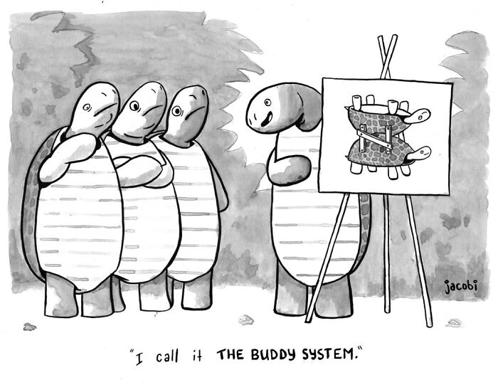 Single-panel comic by Jacob Breckenridge shows turtles with an easel illustrating a humorous buddy system concept.