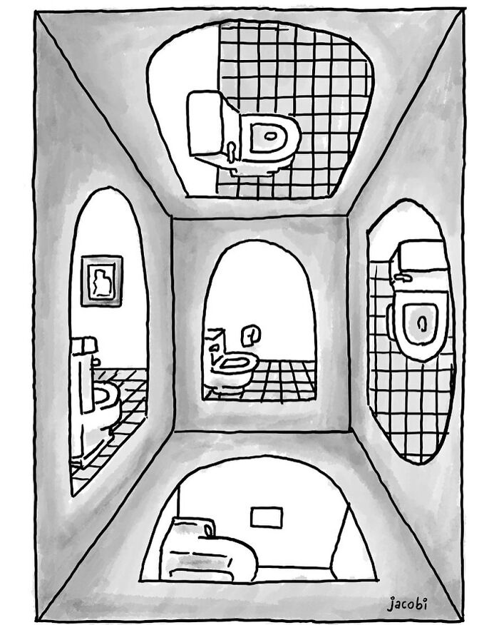 Single-panel comic by Jacob Breckenridge showing multiple bathroom views with toilets in an impossible architectural perspective.