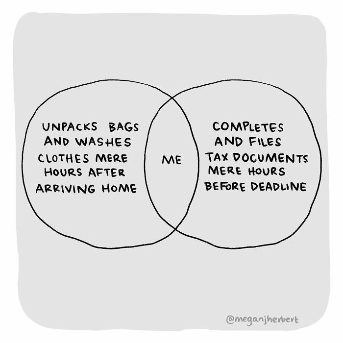 Venn diagram comic by cartoonist showing relatable tasks of unpacking bags and filing tax documents near deadlines.