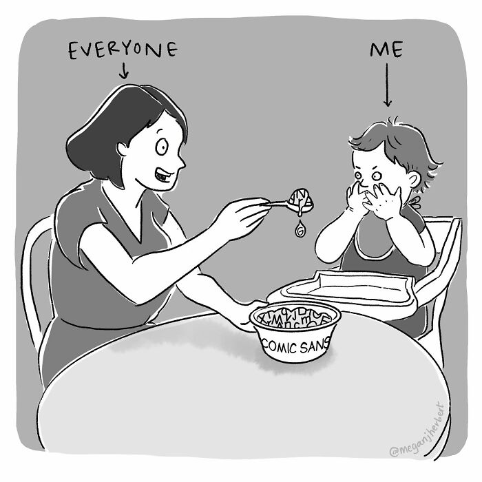 Cartoonist's funny comic showing a child refusing to eat cereal labeled Comic Sans, highlighting relatable humor.