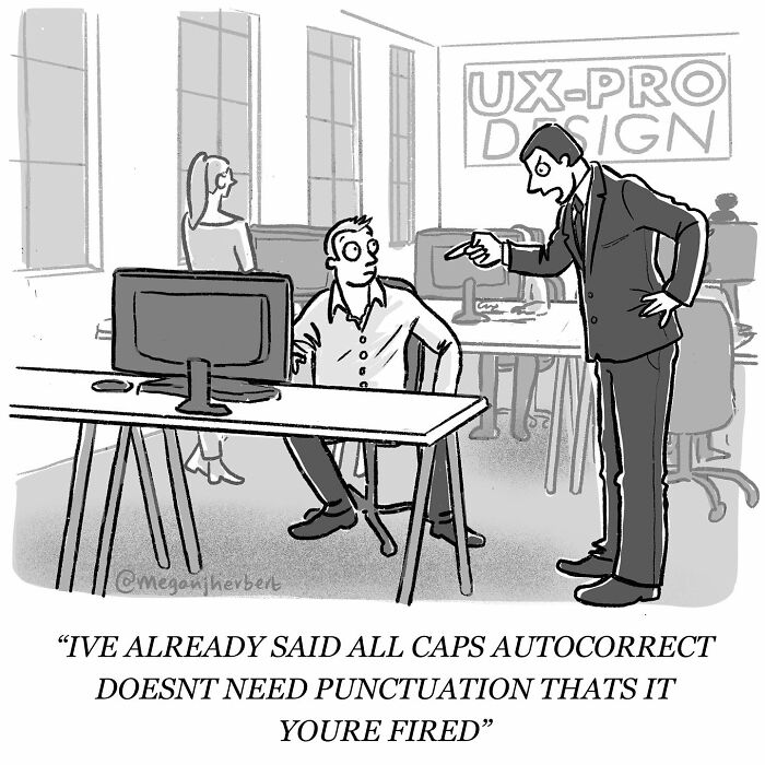 Cartoonist creating funny comics showing a tense office scene with a boss yelling at an employee about autocorrect.