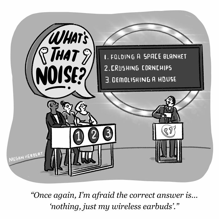 Black and white funny comic by cartoonist showing a game show guessing wireless earbuds noise among quirky choices.