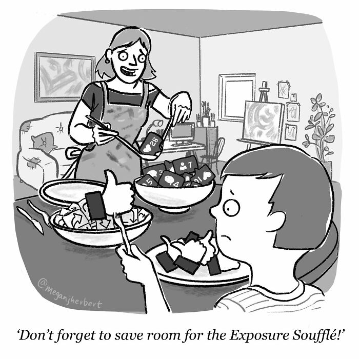 Cartoon showing a person serving social media likes and notifications as food, illustrating funny relatable comics by a multitalented cartoonist.
