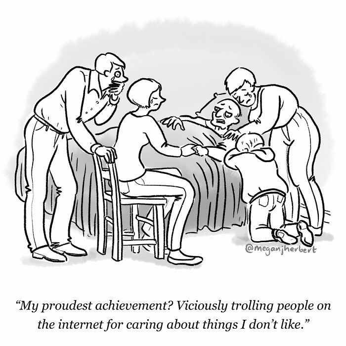 Black and white comic by cartoonist showing family gathered sadly around a sick person in bed, reflecting relatable emotions.