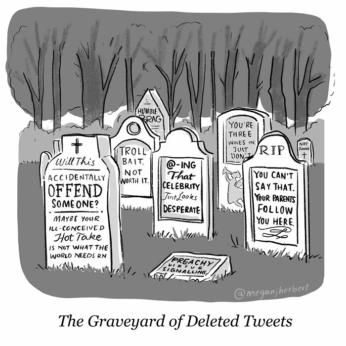 Cartoonist's funny comic depicting a graveyard of deleted tweets with humorous tombstone messages in a dark forest setting.