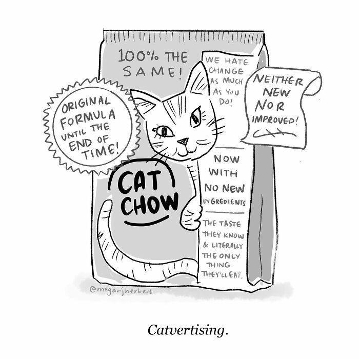 Black and white funny comic by a multitalented cartoonist showing a cat on a Cat Chow bag with humorous text.