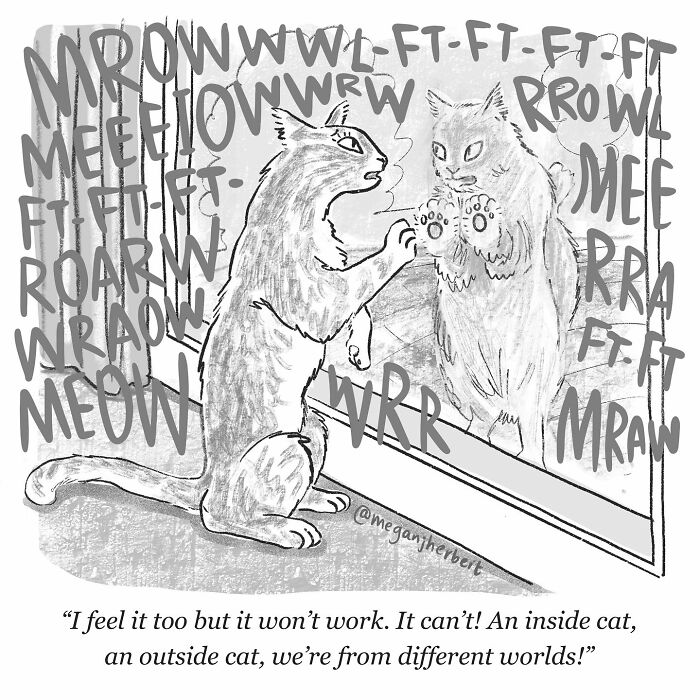 Black and white cartoon of a cat talking to its reflection, illustrating funny comics by a multitalented cartoonist.