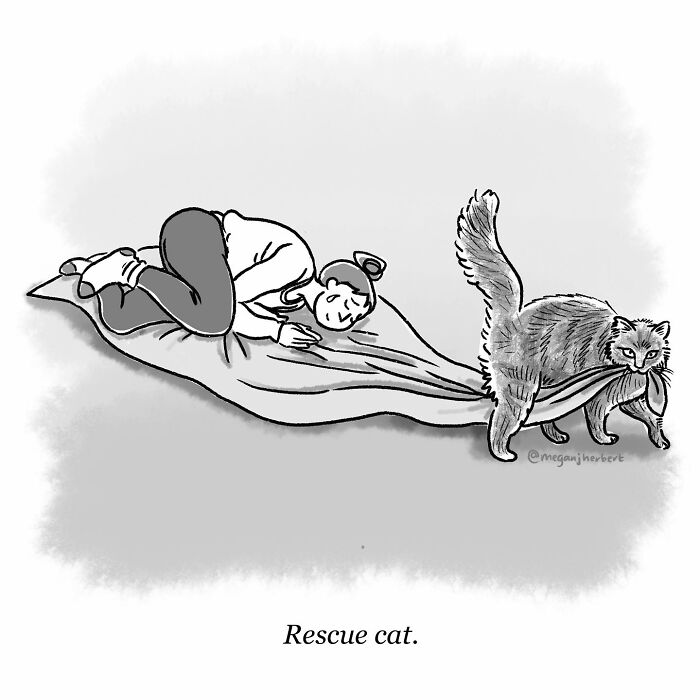 Cartoonist’s funny comic shows a person tangled in a blanket pulled by a playful cat in a relatable daily moment.