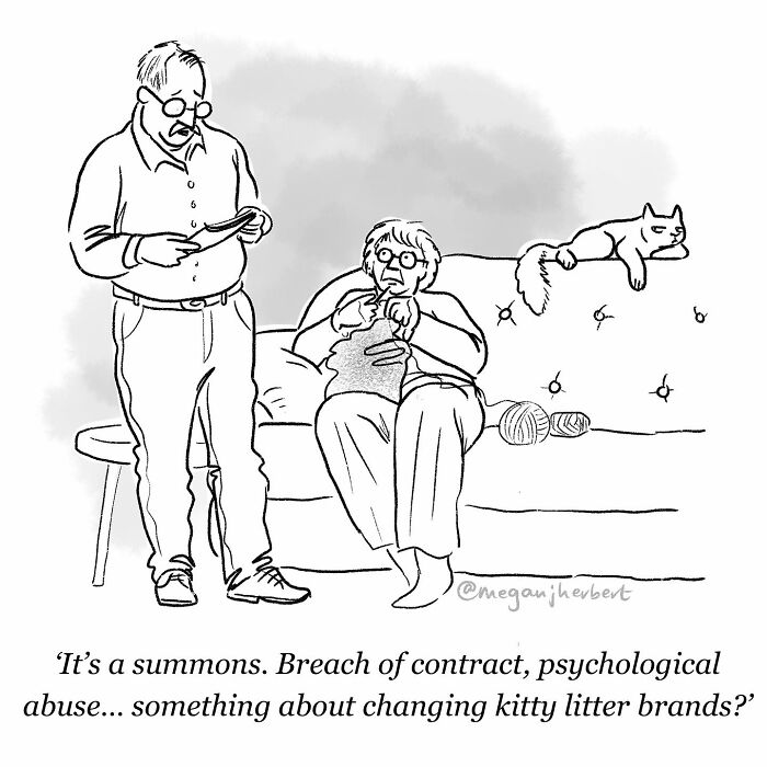 Black and white comic by multitalented cartoonist showing a couple discussing a cat and its litter brand preferences.