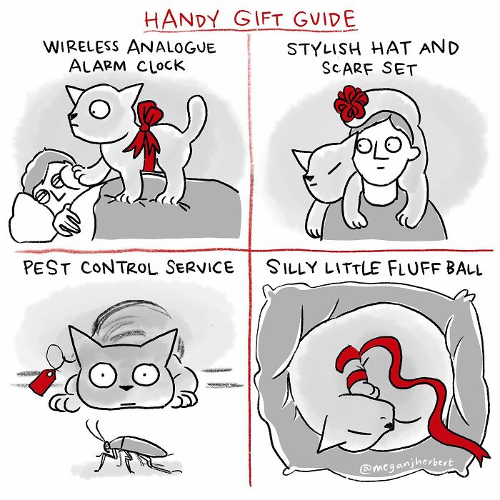 Cartoonist’s funny comics showing cats as alarm clocks, scarves, pest control, and fluffy gift ideas.