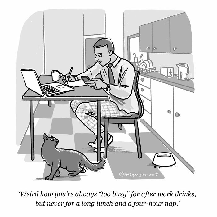Cartoonist creating funny relatable comics showing a man multitasking at a kitchen table with a cat nearby.