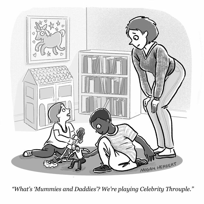 Cartoonist creating funny comics shows children playing with dolls and questioning traditional family roles.