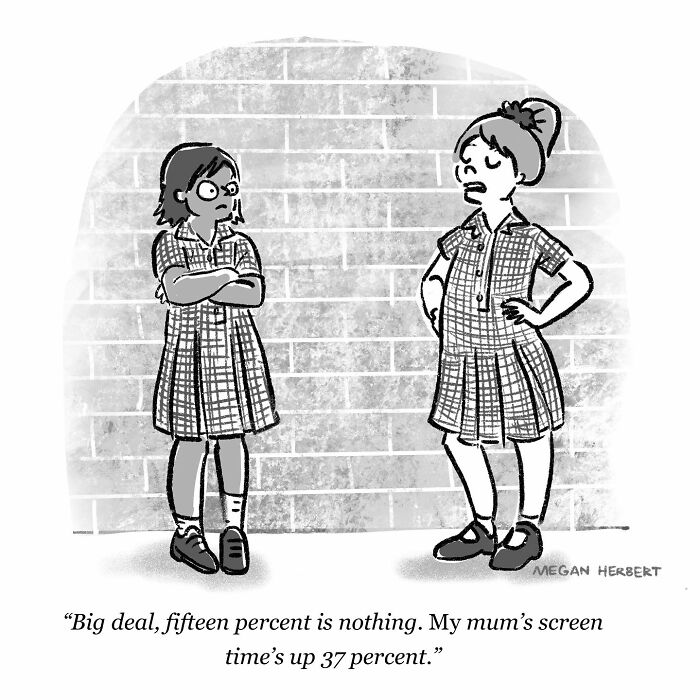 Cartoonist’s funny comic shows two girls in school uniforms debating about screen time percentages by a brick wall.