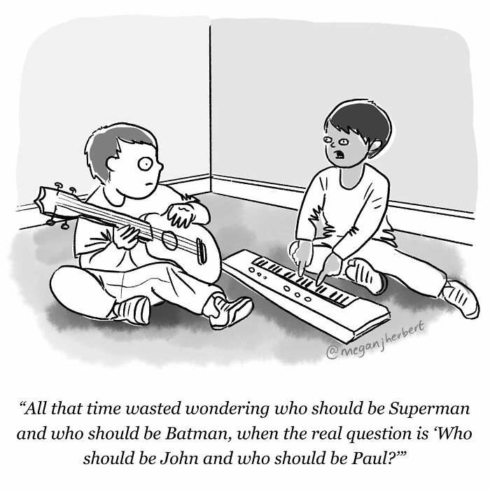 Two kids playing guitar and keyboard in a funny comic by a multitalented cartoonist creating relatable comics.