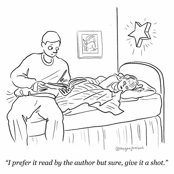 Cartoonist creating funny comics showing a person reading a book to someone lying in bed, humorous relatable scene.