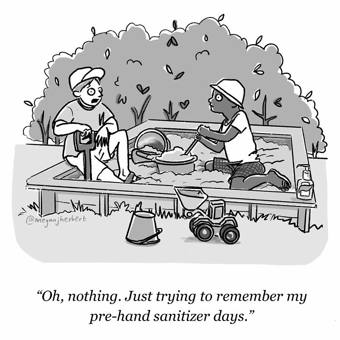 Black and white funny comic by multitalented cartoonist showing two kids in a sandbox with a humorous caption about hand sanitizer.