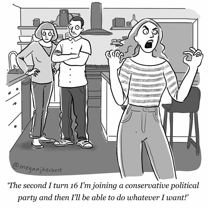 Cartoonist’s funny comic showing a teenage girl angrily declaring plans to join a conservative political party.