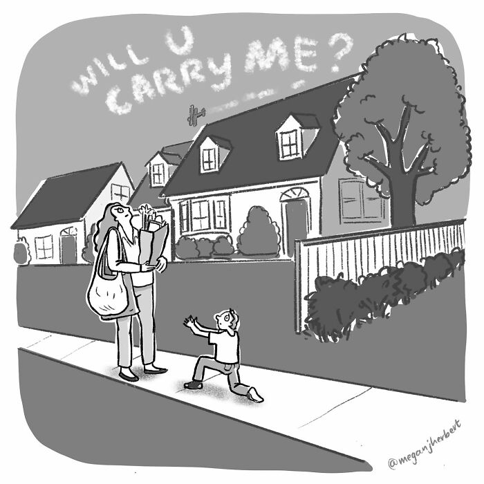 Black and white cartoon showing a child proposing with skywriting while parents stand on the sidewalk with groceries funny comics.