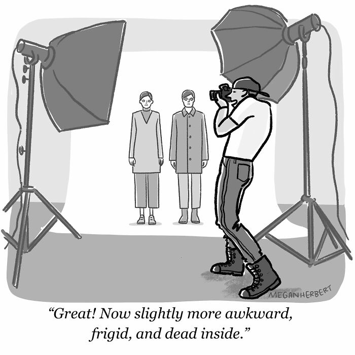 Cartoonist creates funny comics showing awkward and relatable moments in a photography studio setting with models and a photographer.