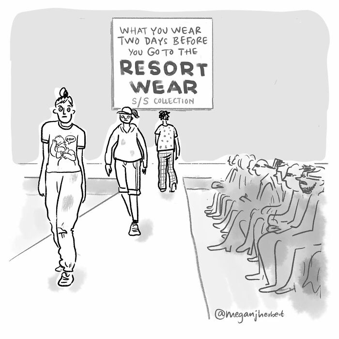 Cartoonist's funny comics depicting casual fashion humor with characters walking a runway before resort wear collection.