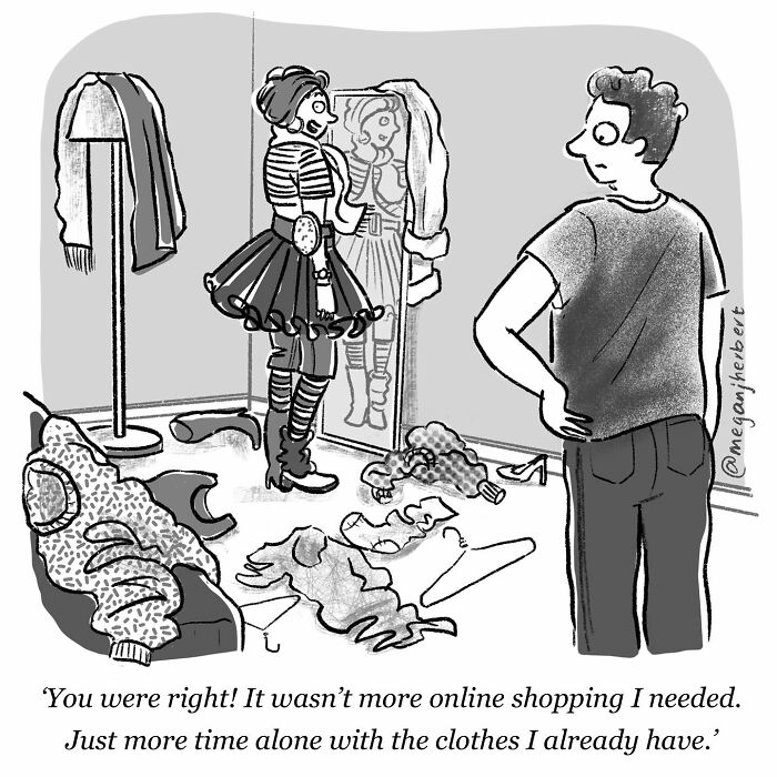 Cartoonist’s funny comic shows a woman trying clothes alone, highlighting relatable humor about online shopping and wardrobe clutter.