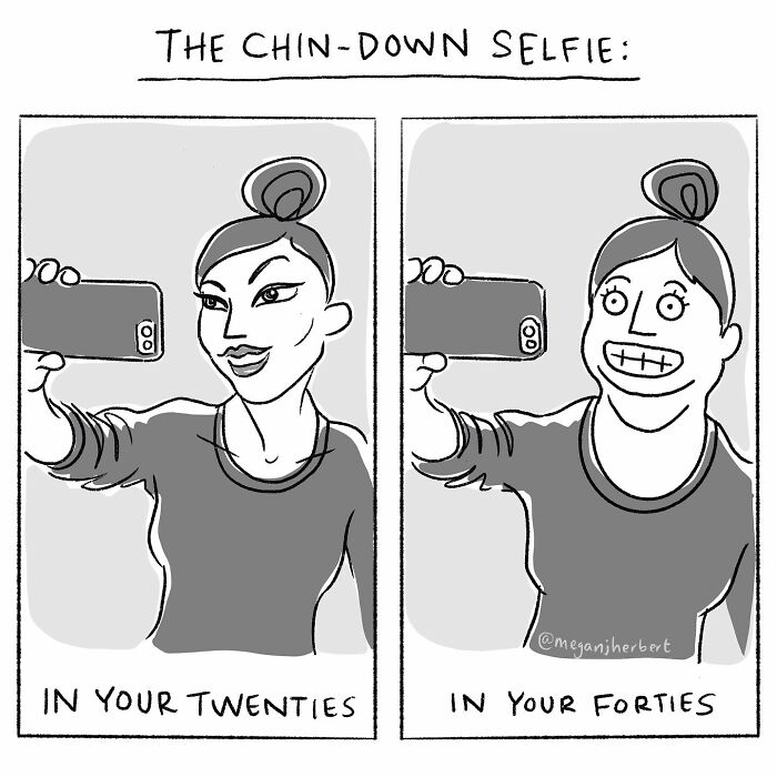 Cartoonist creates funny comics showing relatable age differences in selfies from twenties to forties.