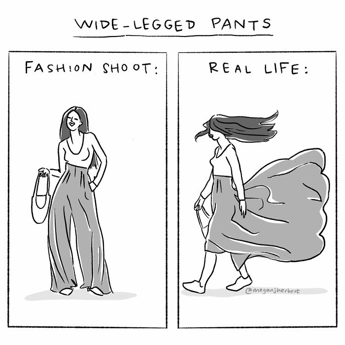 Cartoonist comic showing the contrast between wide-legged pants in fashion shoots and real life situations.