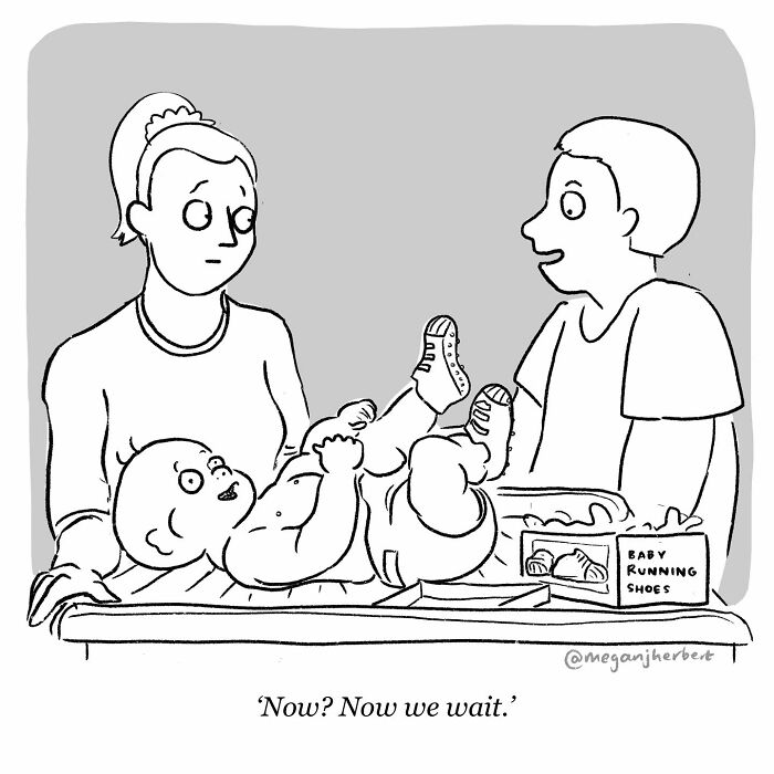 Black and white cartoon by a multitalented cartoonist showing parents and a baby with baby running shoes on a table.