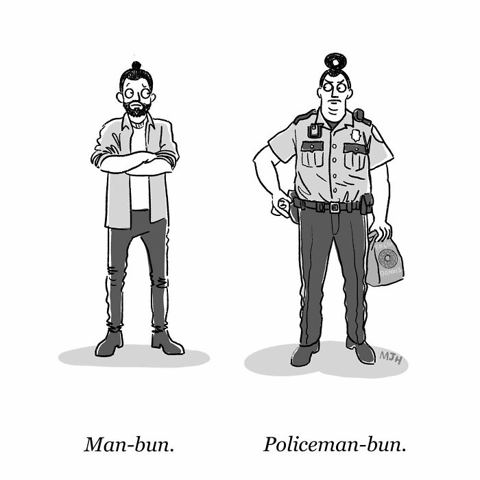 Cartoonist's funny comic showing a man with a man-bun and a policeman with a policeman-bun in black and white.