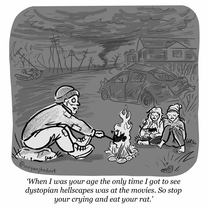 Black and white cartoon by multitalented cartoonist depicting a dystopian hellscape with characters around a fire.