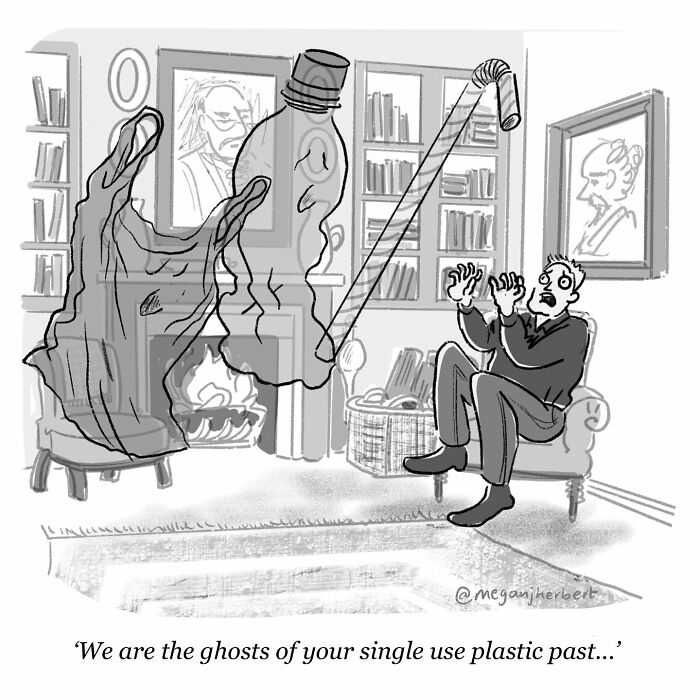 Cartoonist creates funny comics showing a man scared by ghostly plastic items in a living room setting.