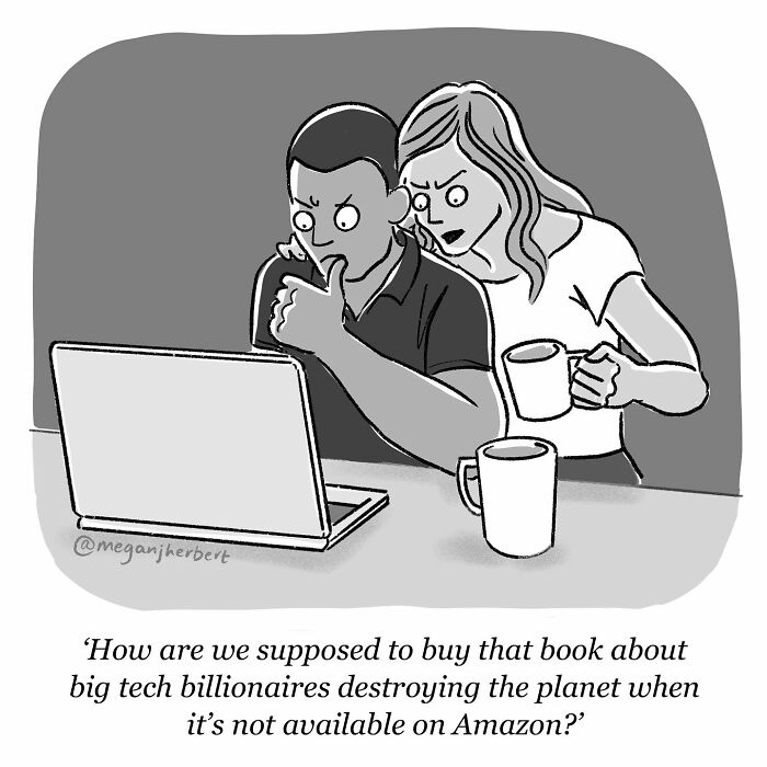 Cartoonist creating funny relatable comics showing a couple puzzled while looking at a laptop with coffee mugs nearby.