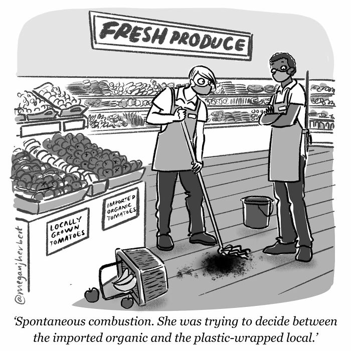 Cartoonist creating funny comics showing grocery workers dealing with spontaneous combustion in produce section.