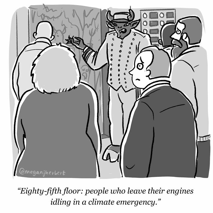 Cartoonist’s funny comic shows a monster explaining people who leave engines idling in a climate emergency.