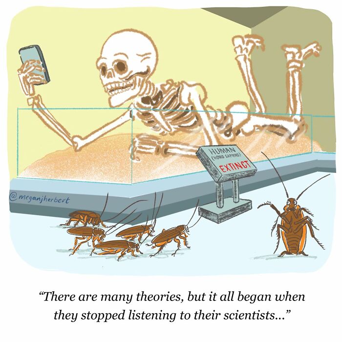 Funny comic by multitalented cartoonist showing extinct human fossil and cockroaches in museum display.