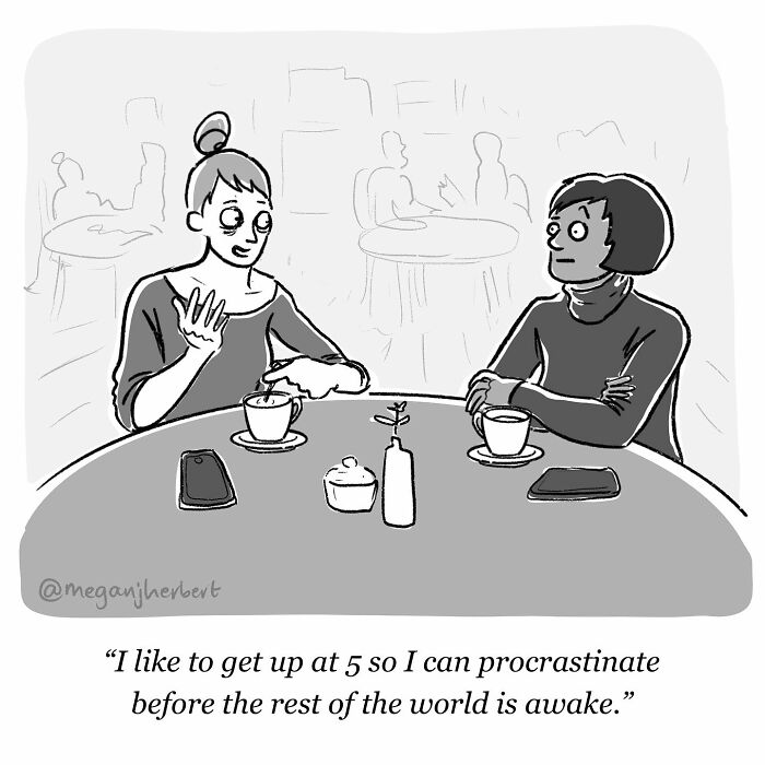 Two women having coffee and chatting in a funny comic by a multitalented cartoonist creating relatable comics.