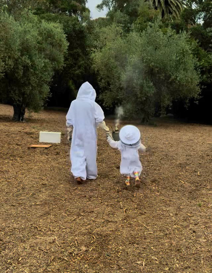 Two people in beekeeper suits walking hand in hand through a wooded area with trees surrounding them.