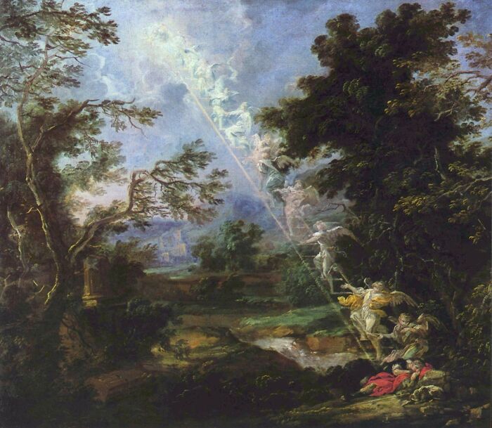 Angelic figures ascending a glowing ladder in a mystical forest scene symbolizing theories about the afterlife.