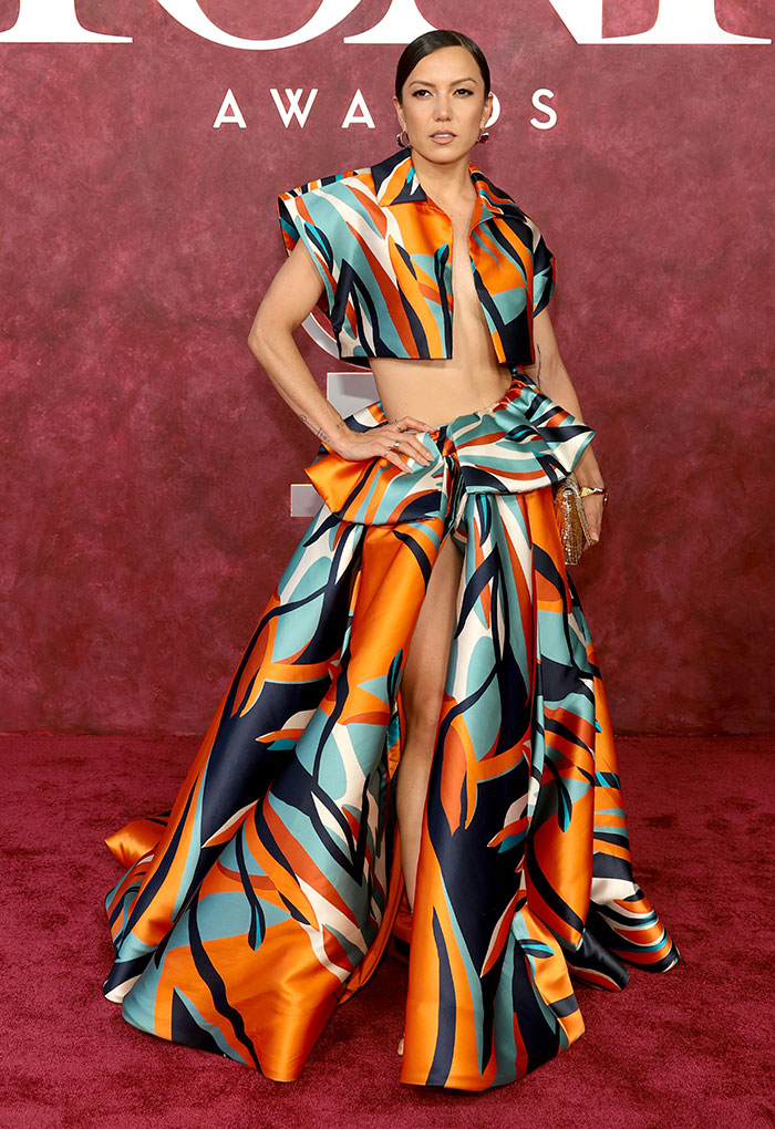 Star in an avant-garde, colorful outfit on the red carpet at the 2025 Tony Awards worst dressed stars event.
