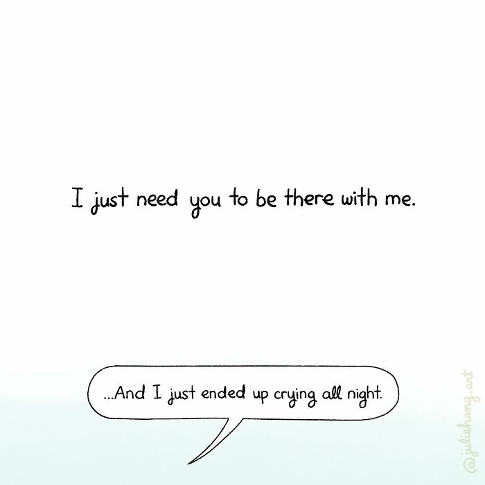 Text message expressing emotional vulnerability and the ups and downs of life in moving stories by Julie Hang.