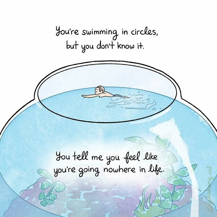Illustration capturing the ups and downs of life with a person swimming in circles inside a fishbowl.