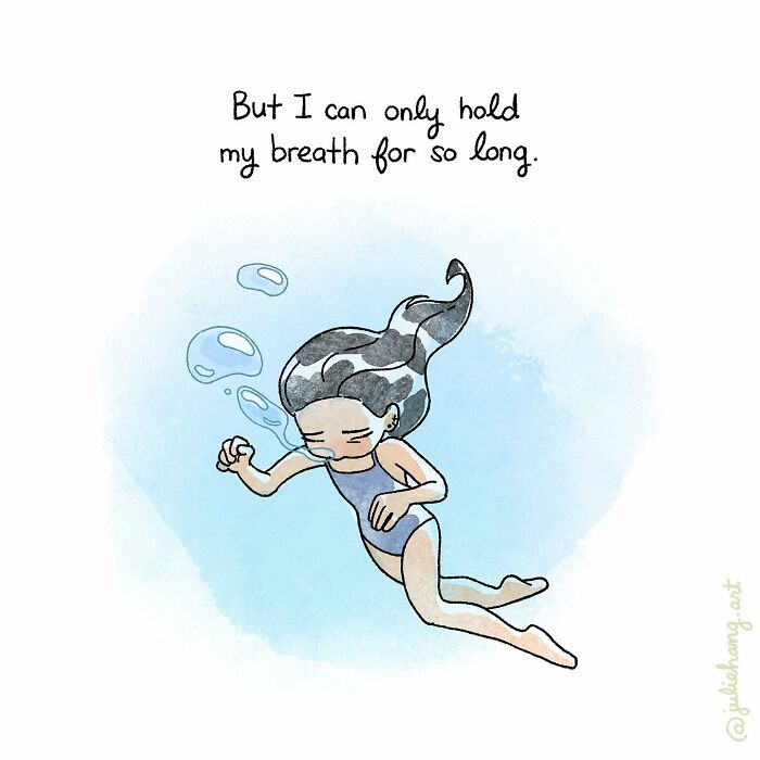 Illustration of a girl underwater holding her breath, capturing the ups and downs of life in a moving story by Julie Hang.