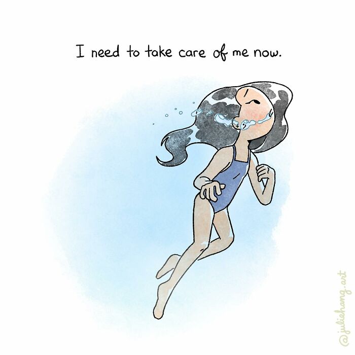 Illustration of a girl underwater in a blue swimsuit, symbolizing moving stories capturing the ups and downs of life.